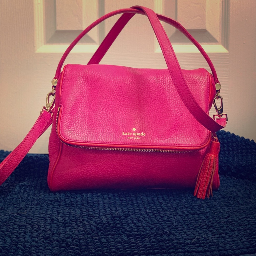 Kate spade crossbody purse, hot pink with red trim